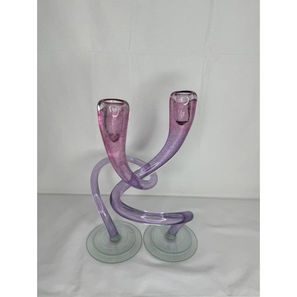 1980s Postmodern HandBlown Unique Interlocking Pink Glass Candlestick Holders